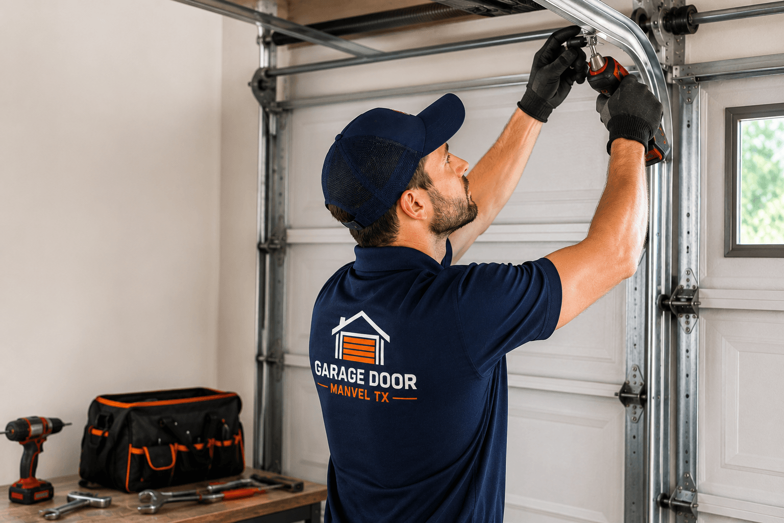 Garage door technician inspecting a residential garage door