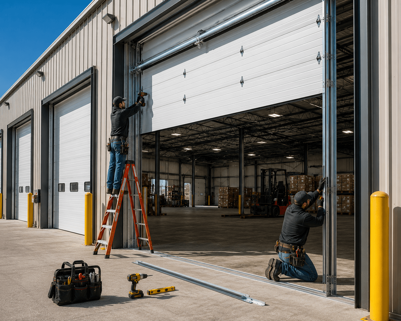 Technicians installing a large commercial garage door at a warehouse in Manvel, Texas