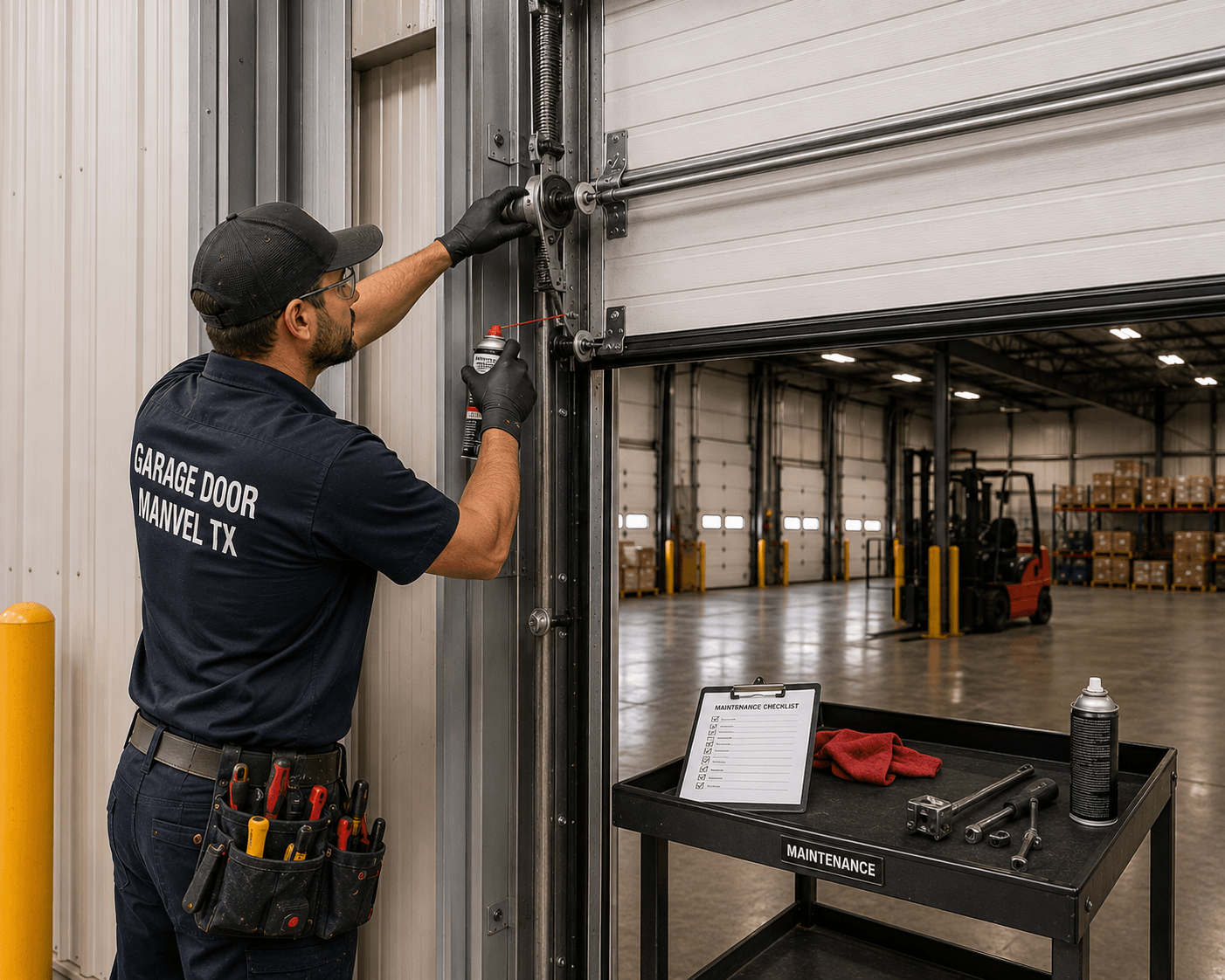 Technician performing maintenance on a commercial garage door in Manvel, Texas