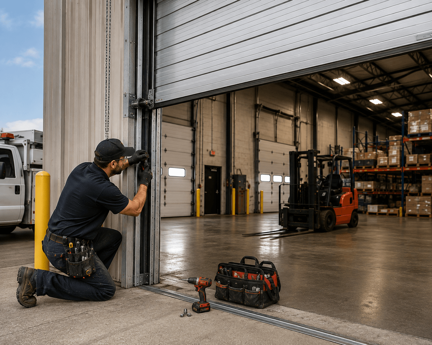 Technician repairing a commercial garage door at a warehouse in Manvel, Texas