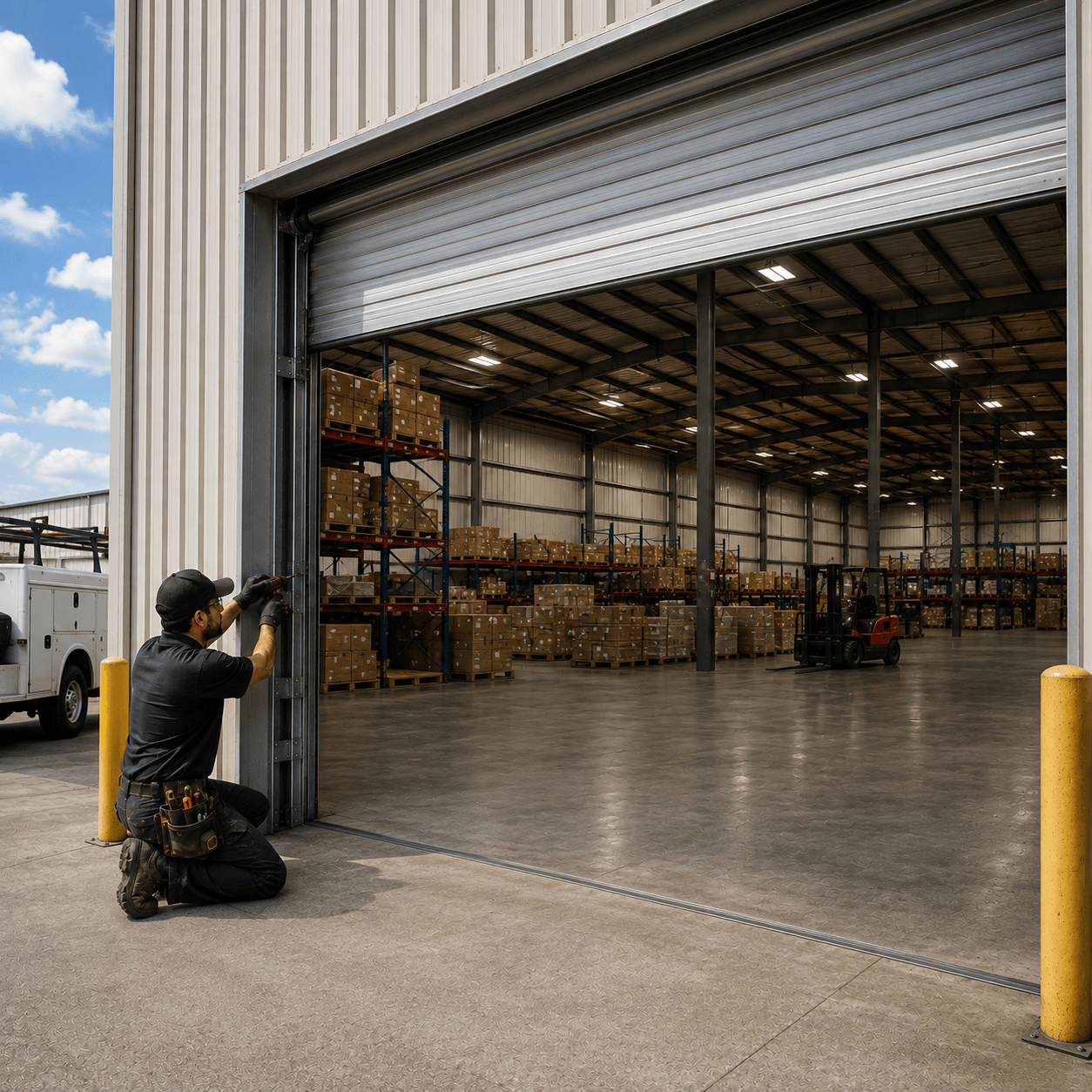 Technician repairing a large commercial warehouse garage door in Manvel, Texas