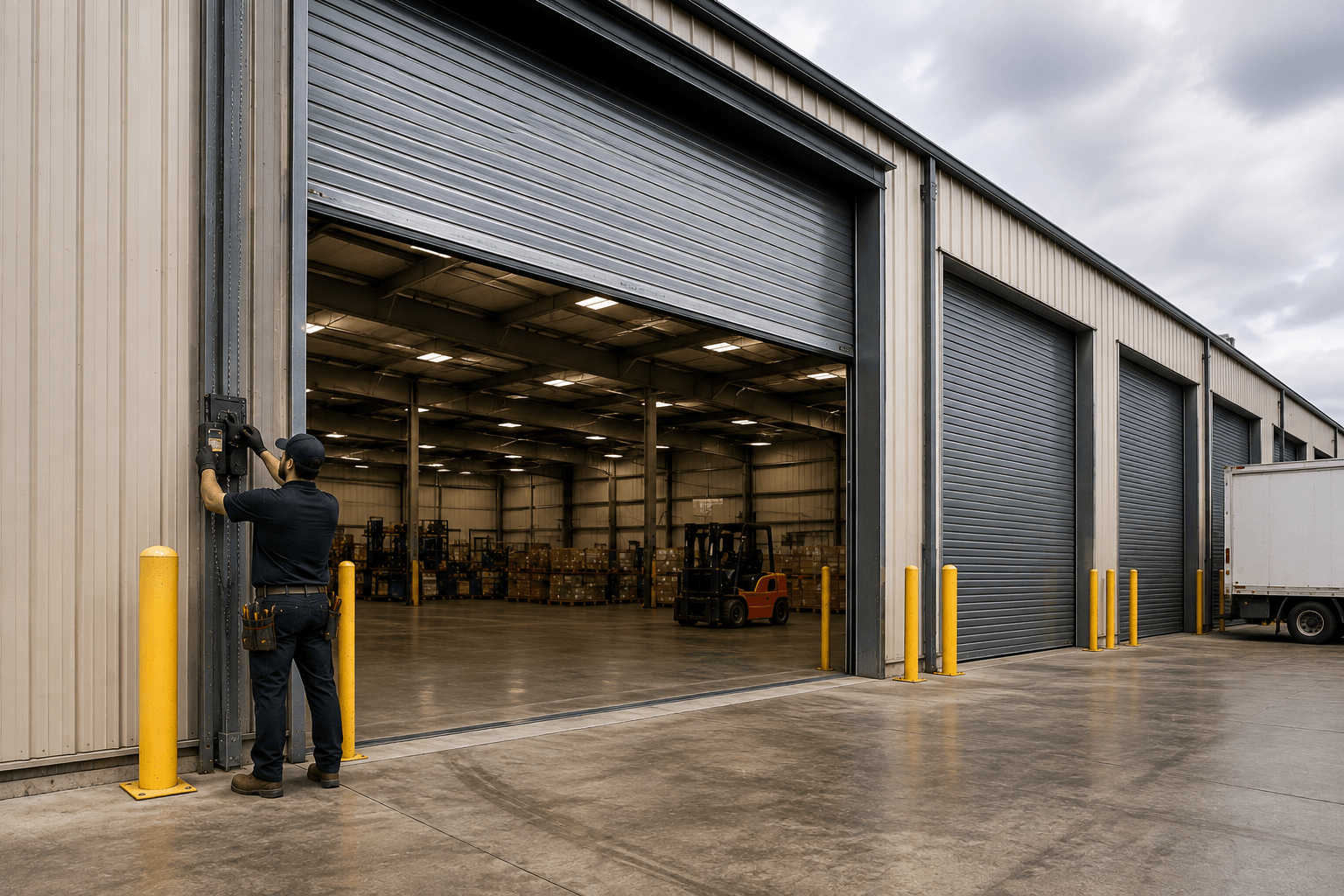 Technician inspecting a large commercial garage door at a warehouse in Manvel, Texas