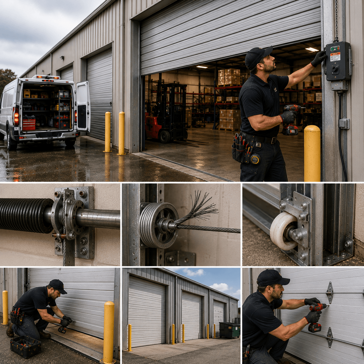 Commercial garage door technician repairing an industrial garage door system
