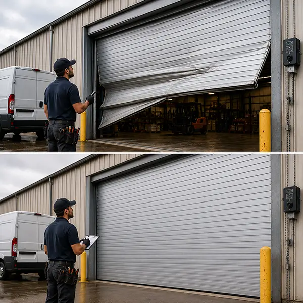 Before and after commercial emergency garage door repair in Manvel, Texas