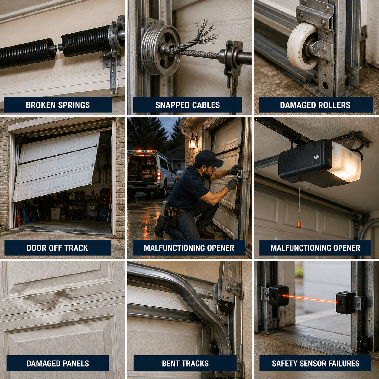 Emergency technician repairing an off-track garage door in Manvel, Texas