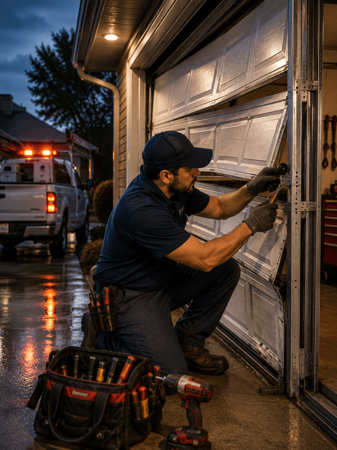 Technician repairing a damaged garage door during an emergency service in Manvel, Texas