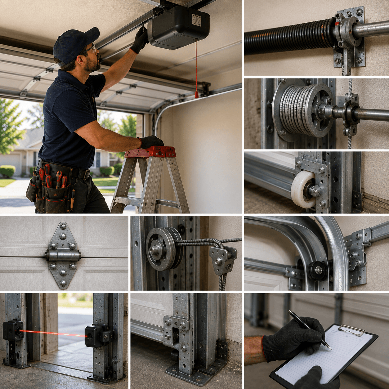 Garage door technician inspecting opener, springs, cables, rollers, tracks, and safety sensors