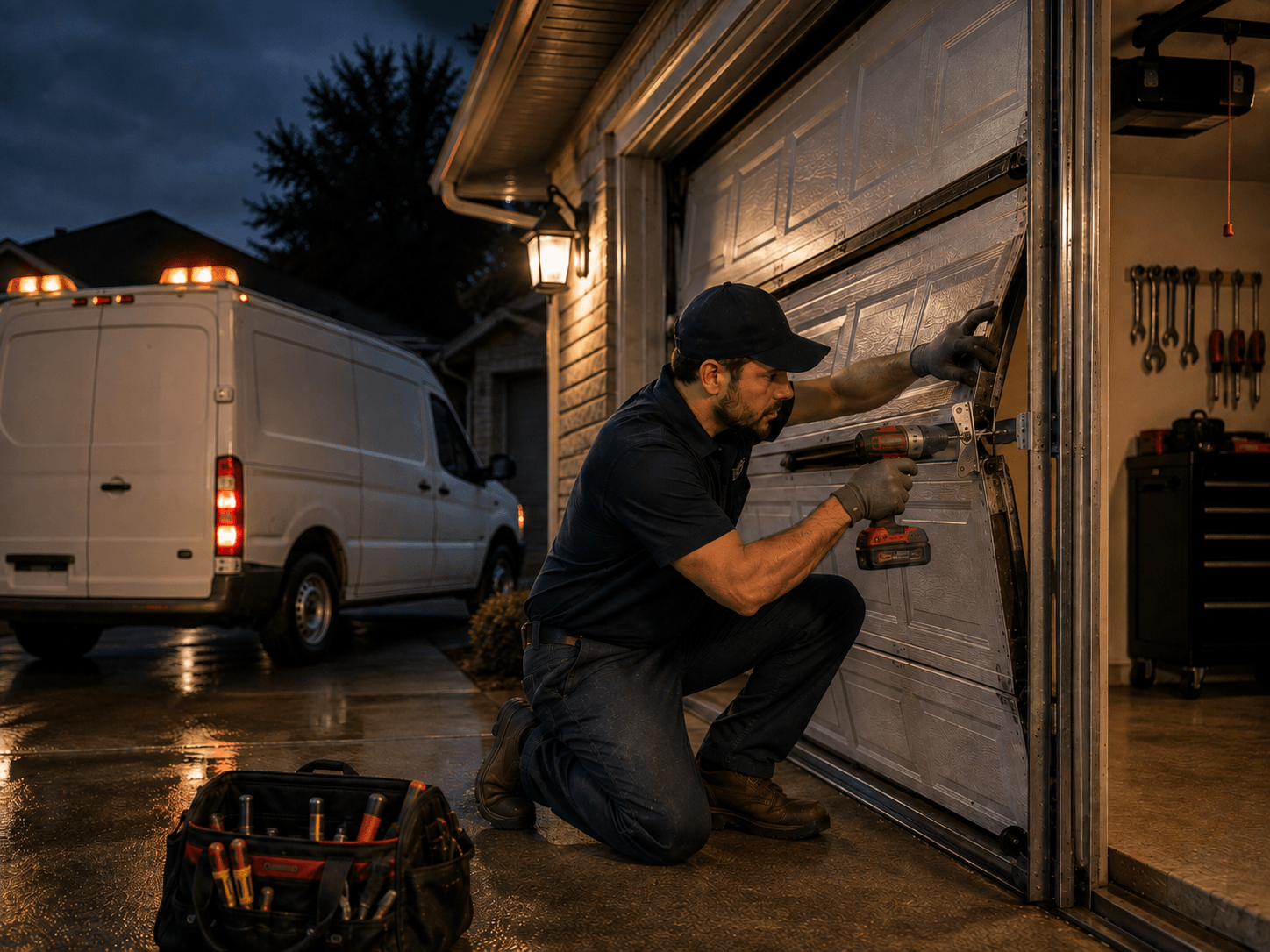 Emergency garage door technician repairing a damaged garage door in Manvel, Texas