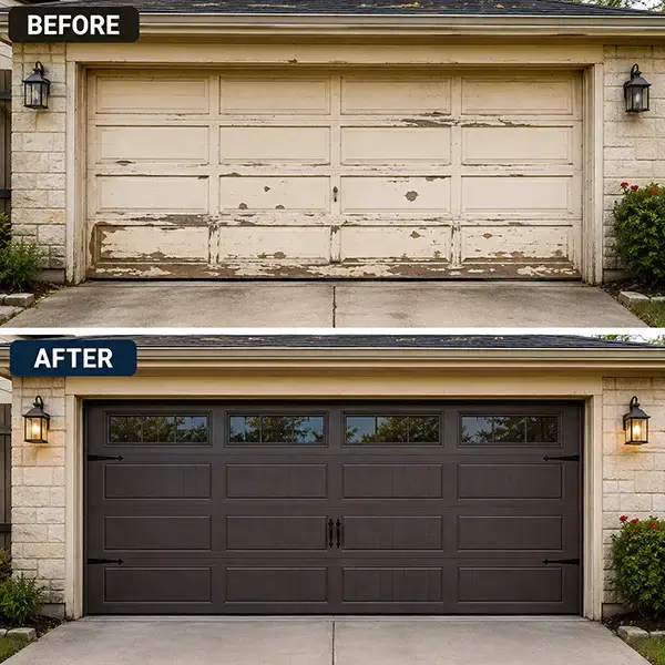 Before and after professional garage door service in Manvel Texas