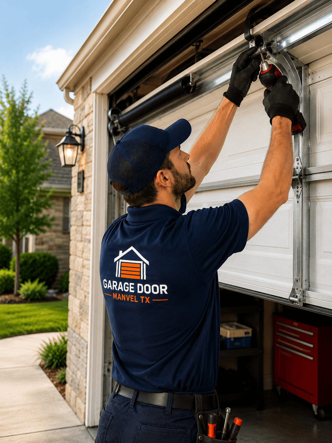 Garage door technician servicing a residential garage door in Manvel, Texas