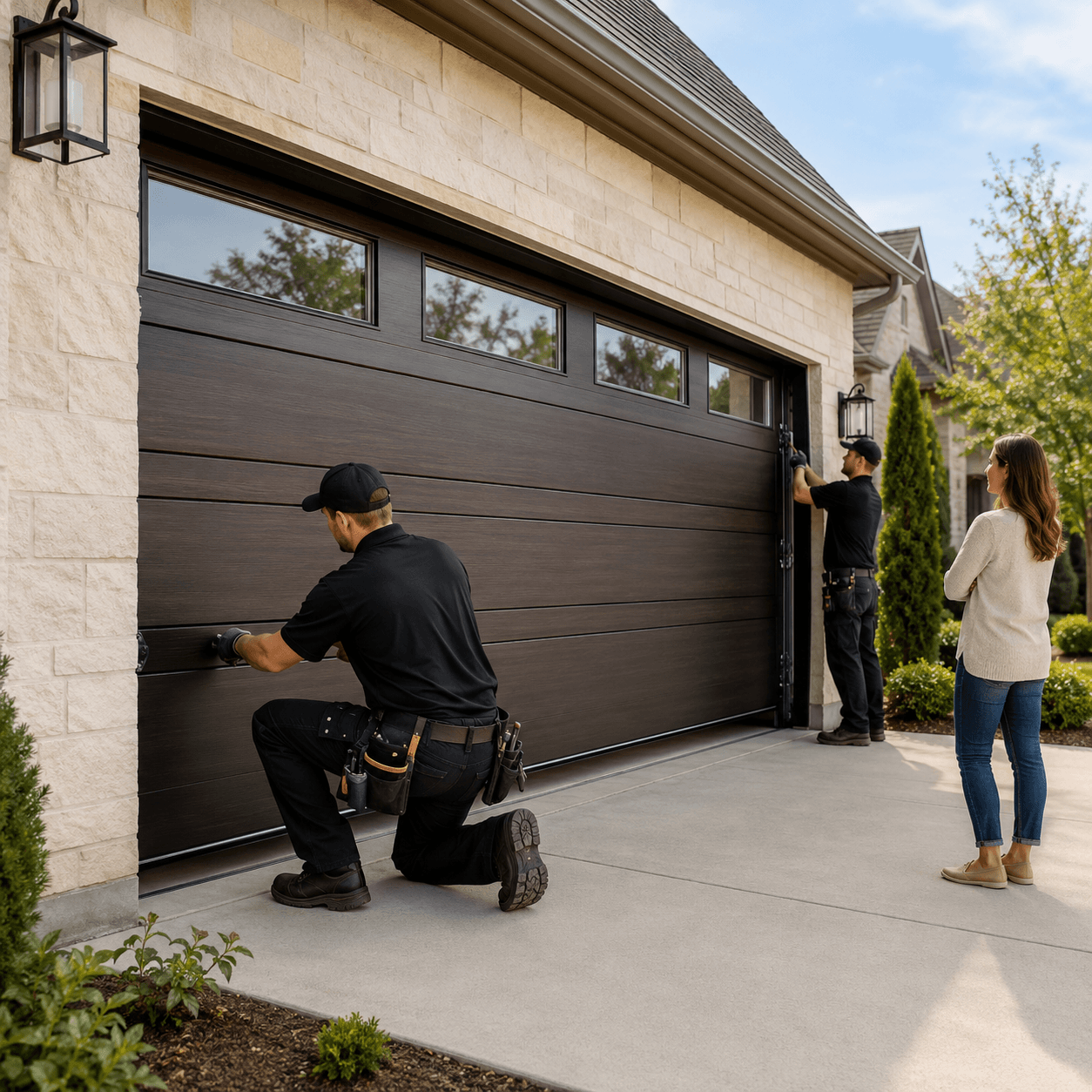 Technicians installing a new residential garage door in Manvel Texas