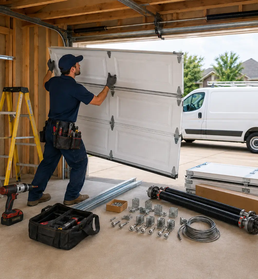 Garage door technician servicing a residential garage door in Manvel, Texas