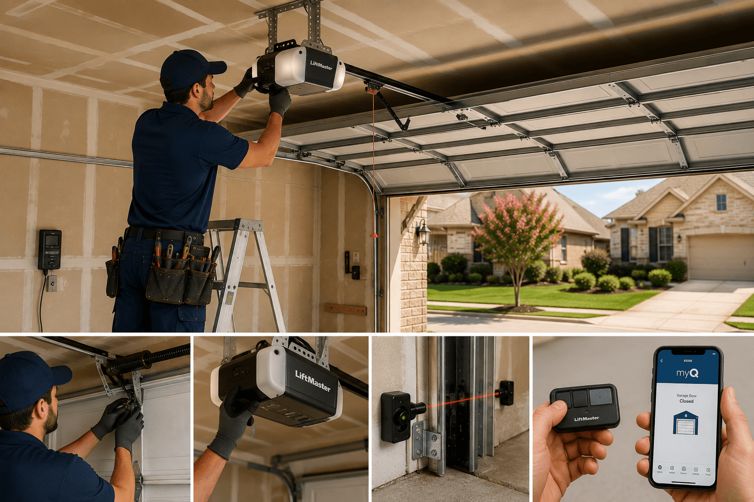 Technician in a navy uniform installing and configuring a garage door opener with safety sensors and remote controls in Manvel, Texas