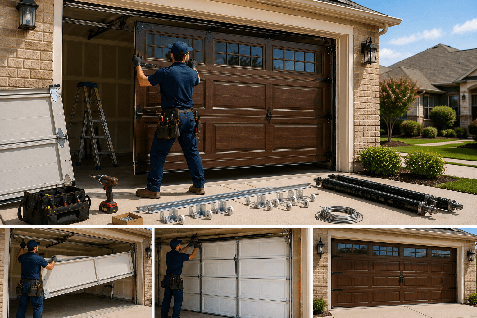Technician in a navy uniform replacing an old residential garage door with a new wood-style garage door in Manvel, Texas