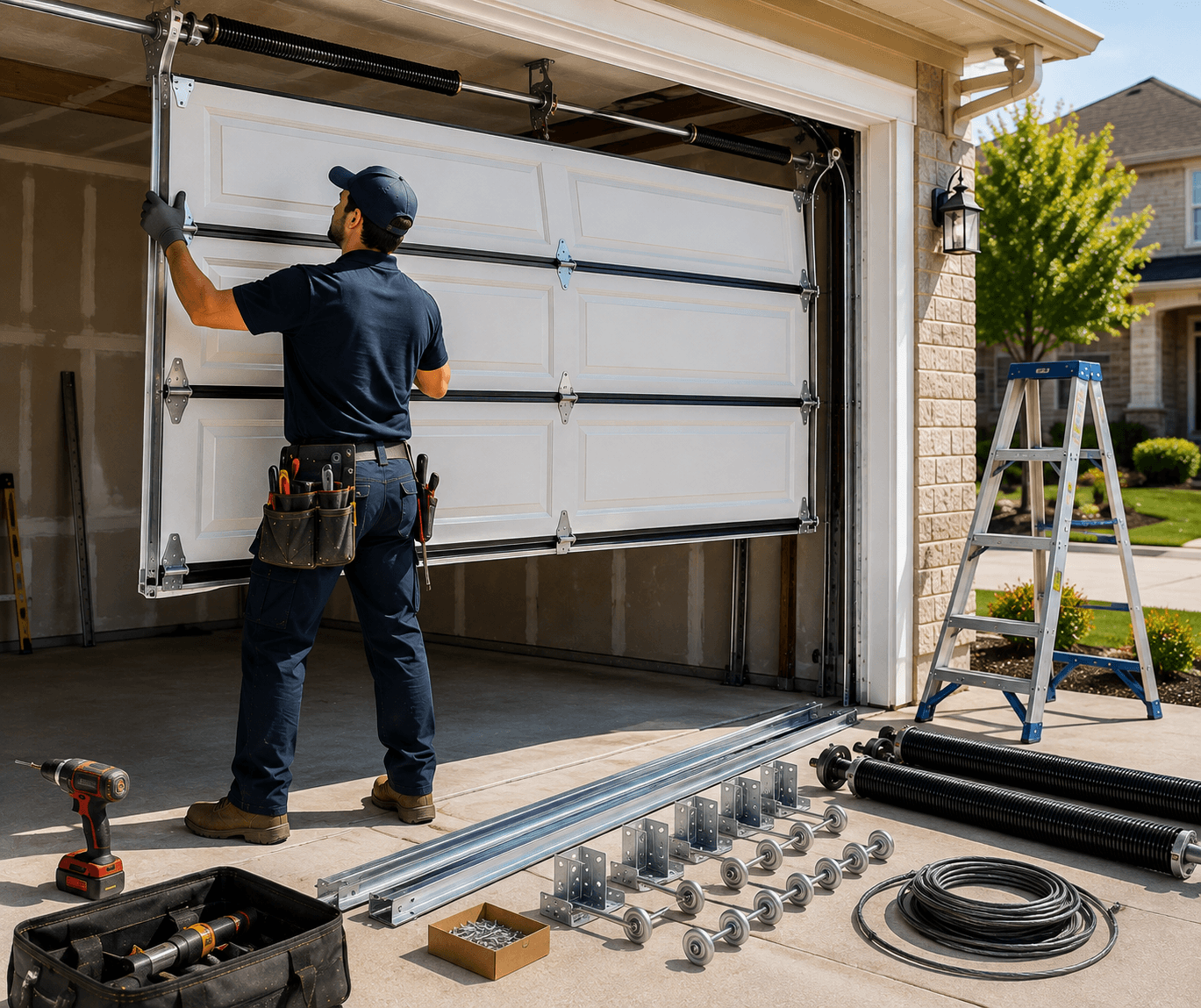 Technician in a navy uniform professionally installing a new residential garage door with tracks, rollers, springs, cables, and hardware in Manvel, Texas