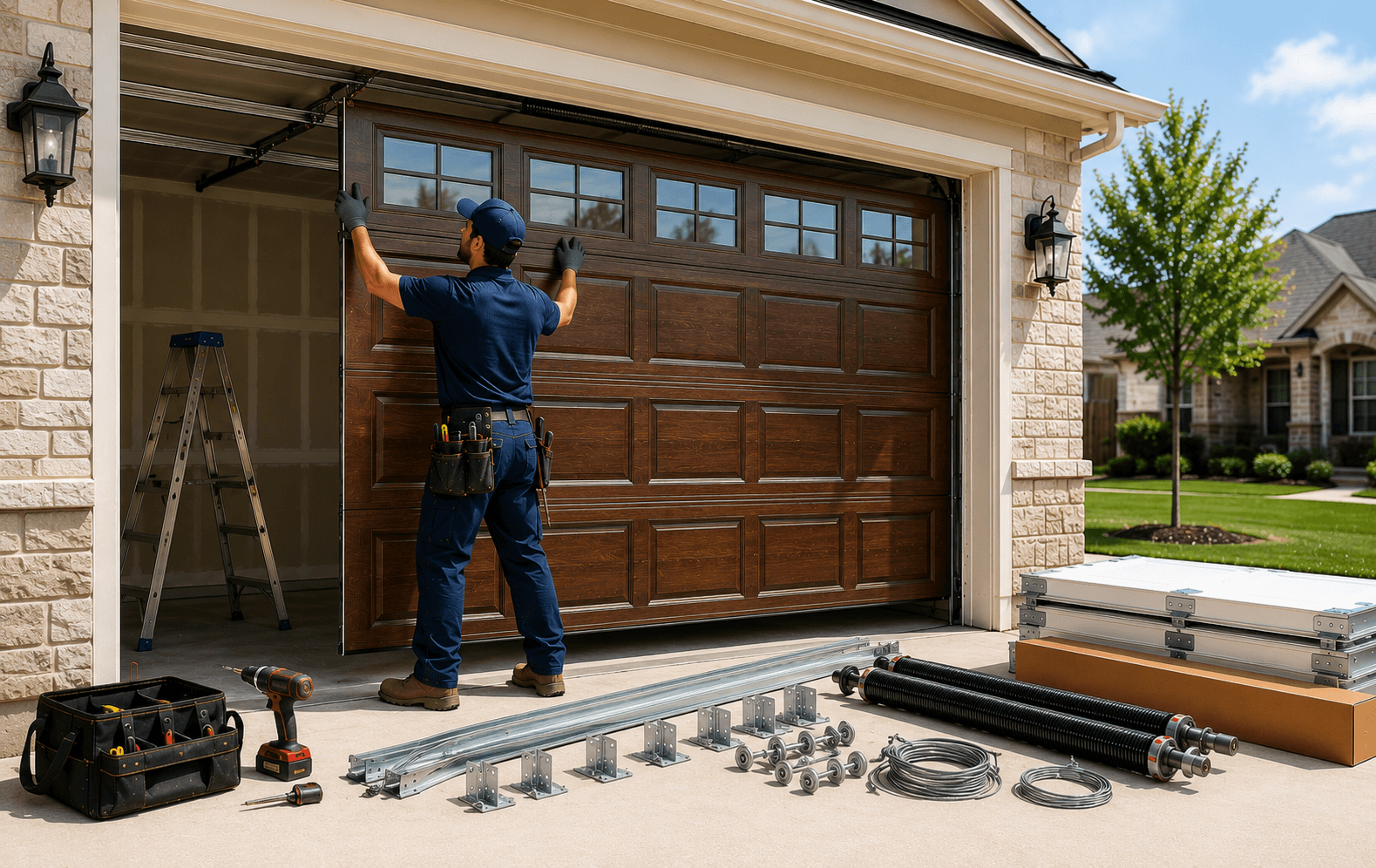 Technician in a navy uniform installing a wood-style residential garage door with tracks, rollers, springs, cables, and hardware in Manvel, Texas