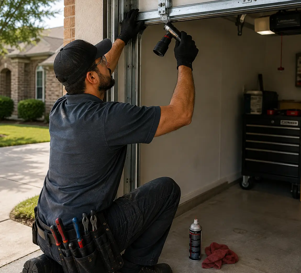 Technician performing a complete garage door inspection in Manvel, Texas