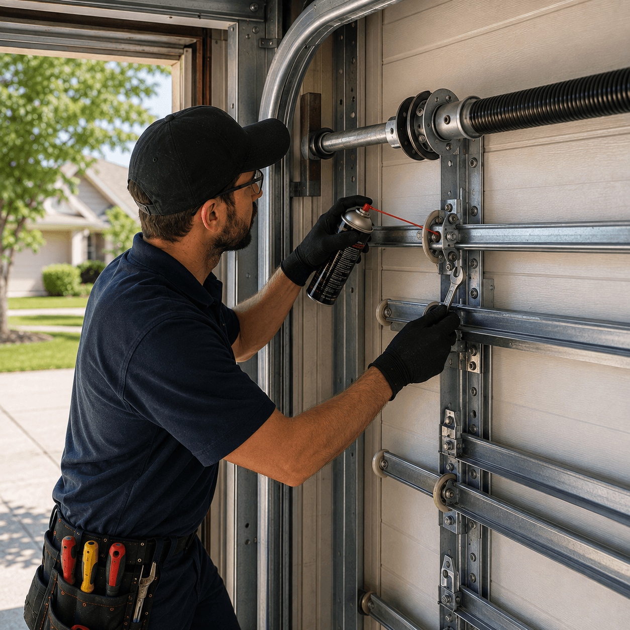 Technician lubricating and adjusting garage door hardware in Manvel, Texas
