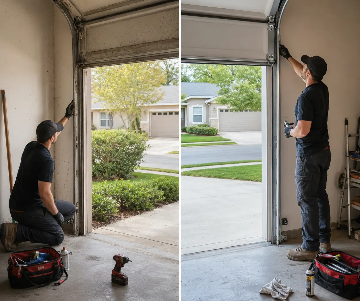 Before and after professional garage door maintenance in Manvel, Texas