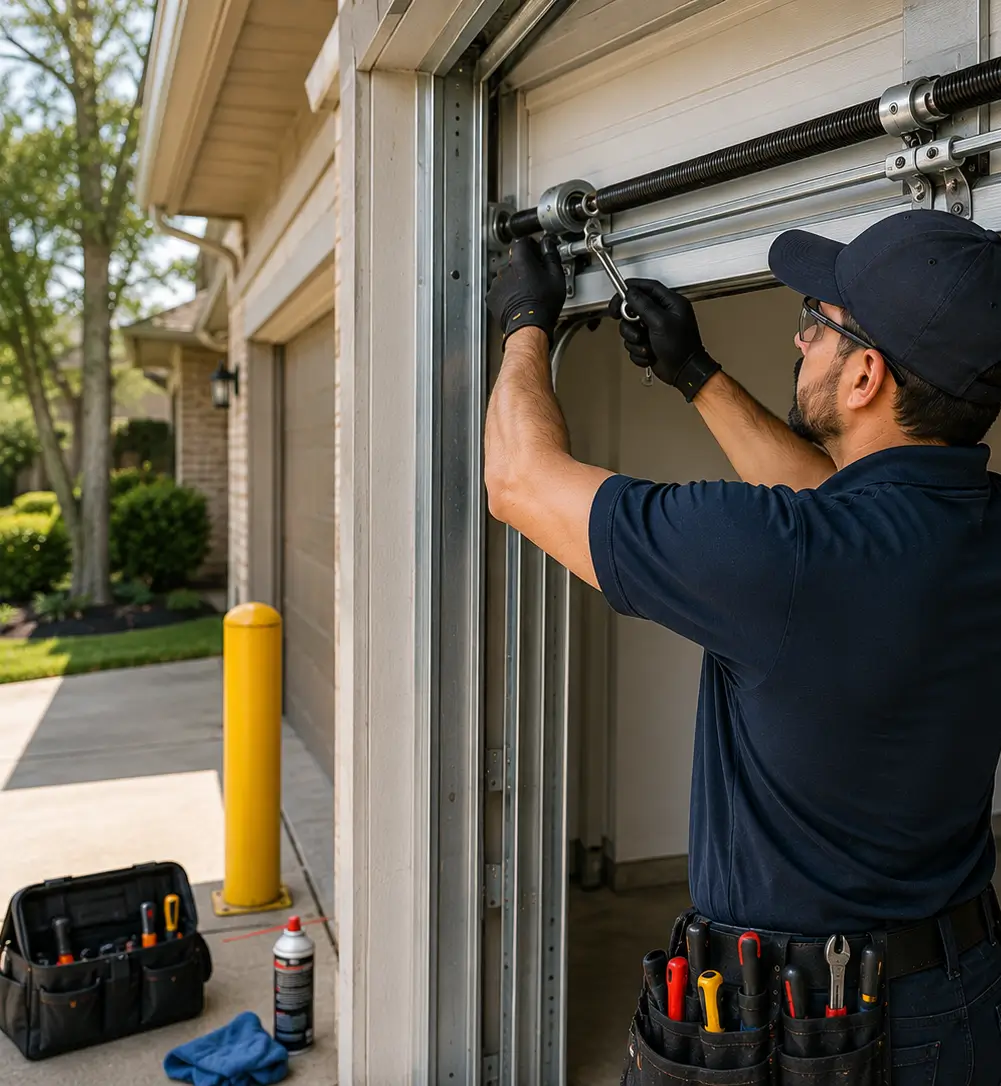 Technician performing professional garage door maintenance in Manvel, Texas