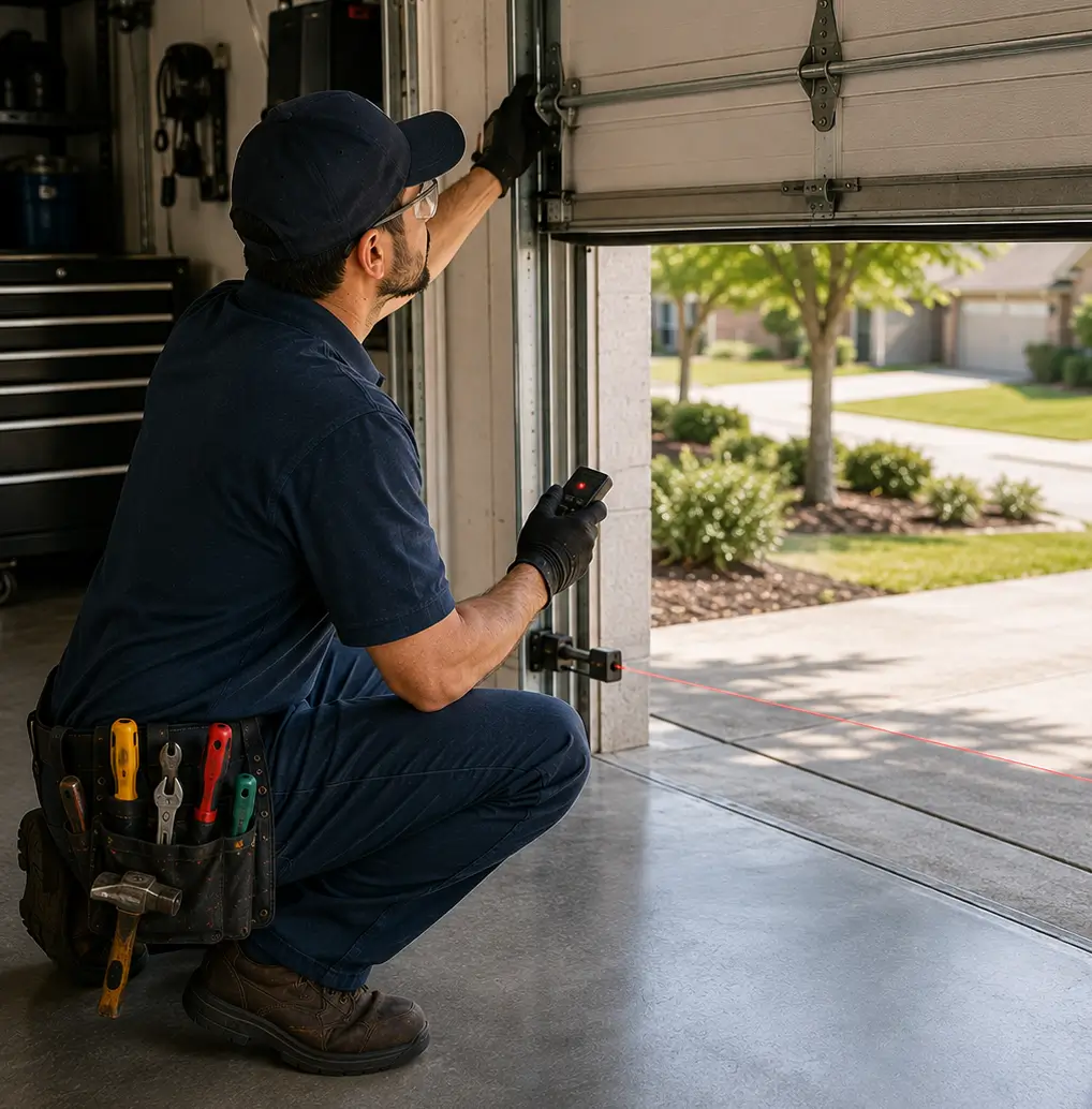 Technician testing garage door safety sensors and operation in Manvel, Texas