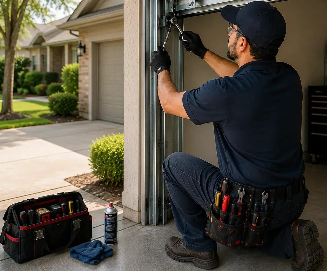 Technician performing preventive garage door maintenance in Manvel, Texas