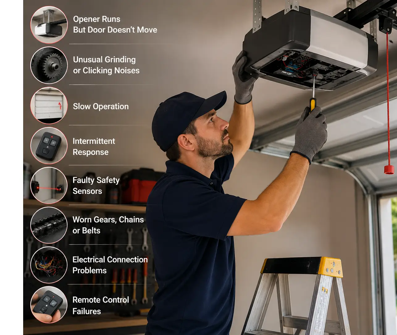 Technician diagnosing and repairing common garage door opener problems