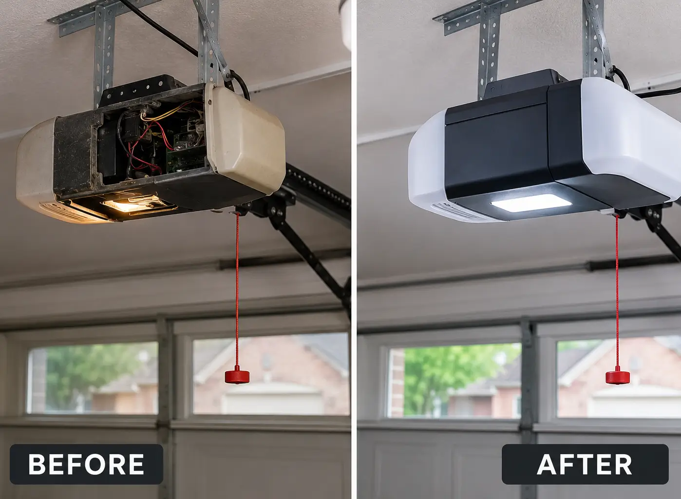 Before and after garage door opener replacement in Manvel, Texas