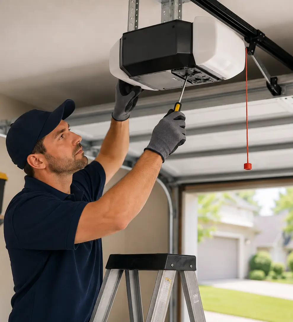 Technician repairing a garage door opener in Manvel, Texas