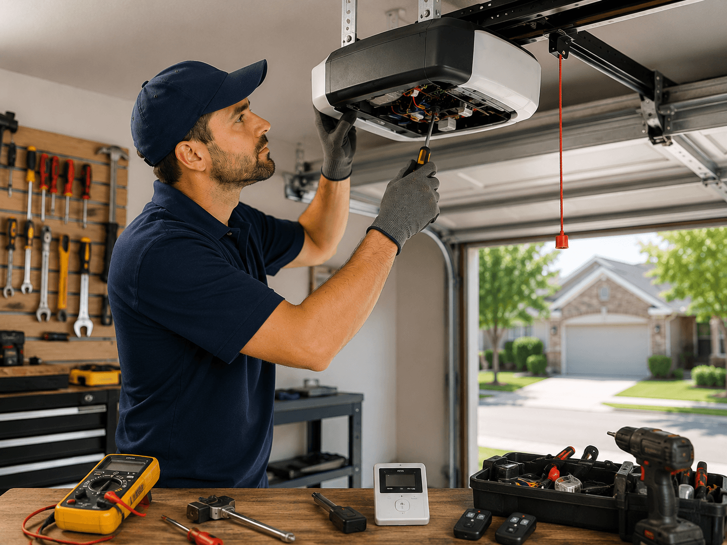 Technician repairing and testing a ceiling-mounted garage door opener