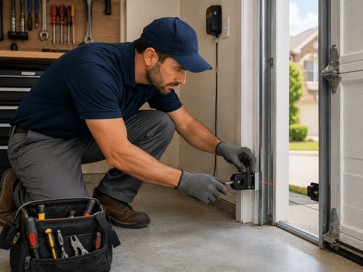 Technician adjusting and repairing garage door safety sensors