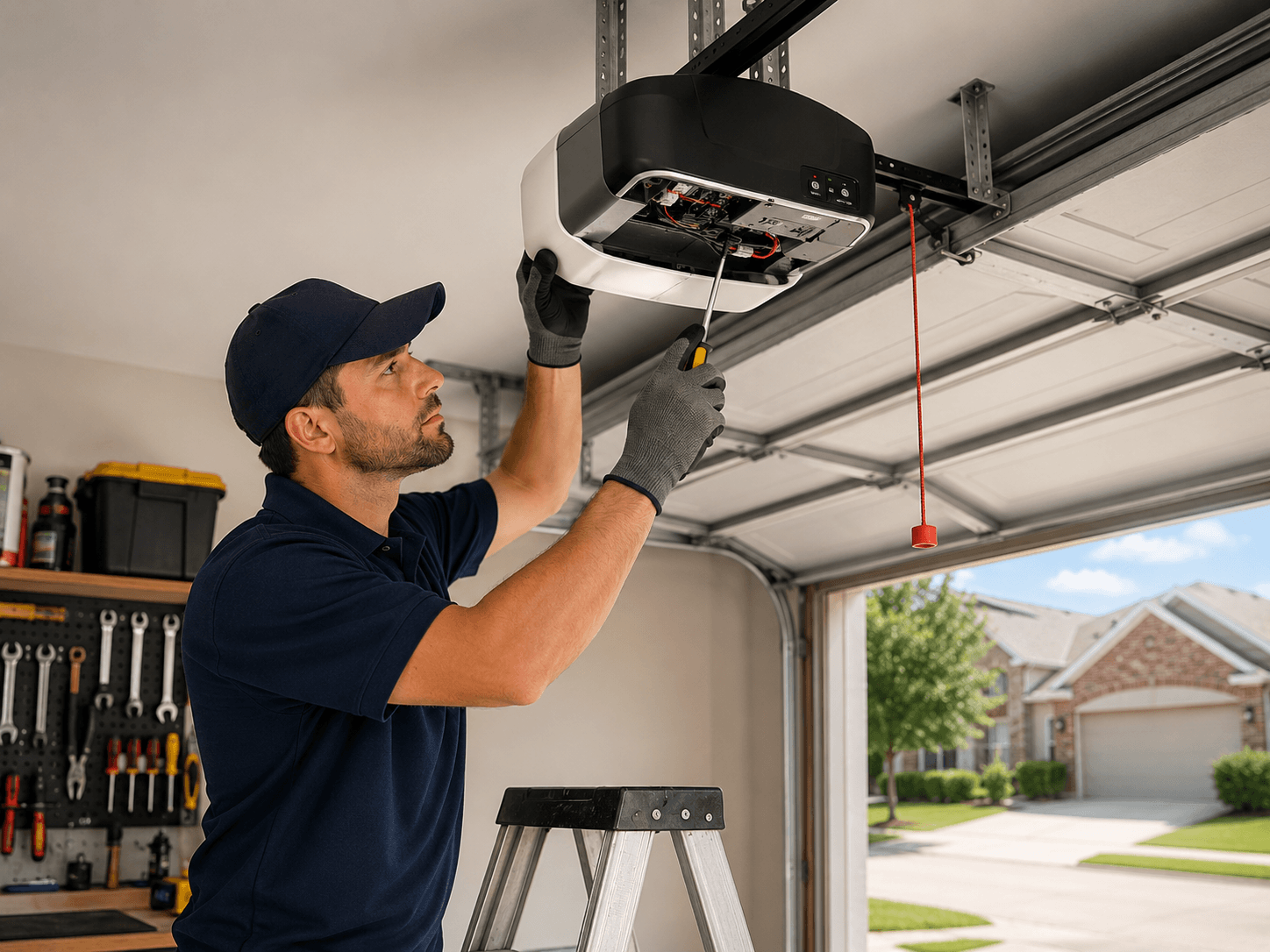 Technician inspecting and repairing a garage door opener in Manvel, Texas