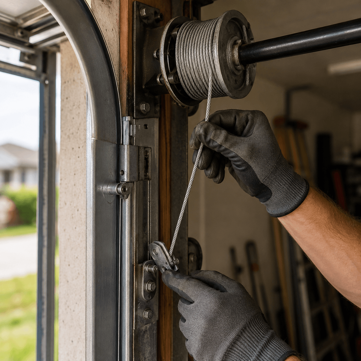 Technician replacing and adjusting a garage door cable in Manvel, Texas