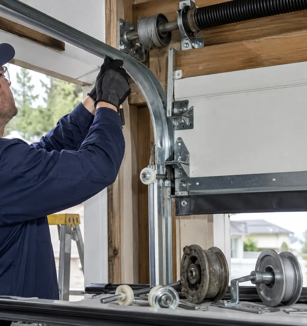 Technician repairing and replacing garage door parts in Manvel, Texas