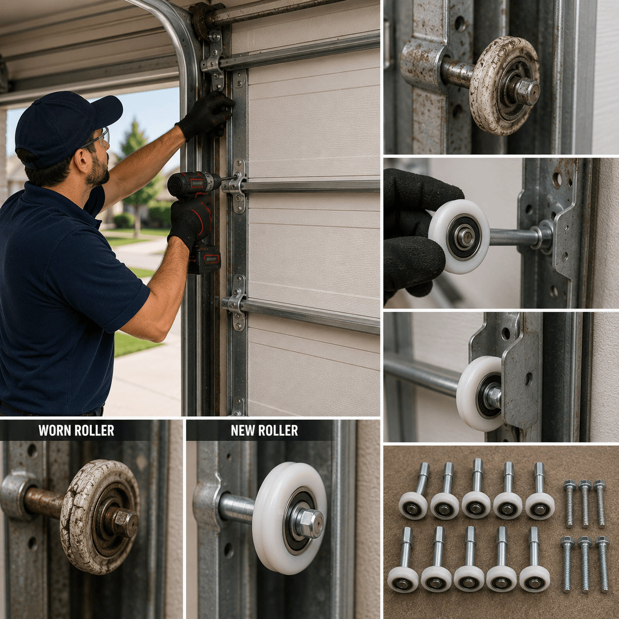 Technician replacing worn garage door rollers in Manvel, Texas