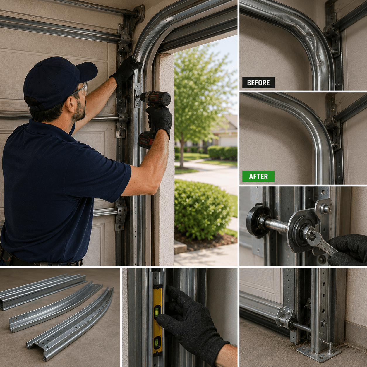 Technician repairing and replacing damaged garage door tracks in Manvel, Texas