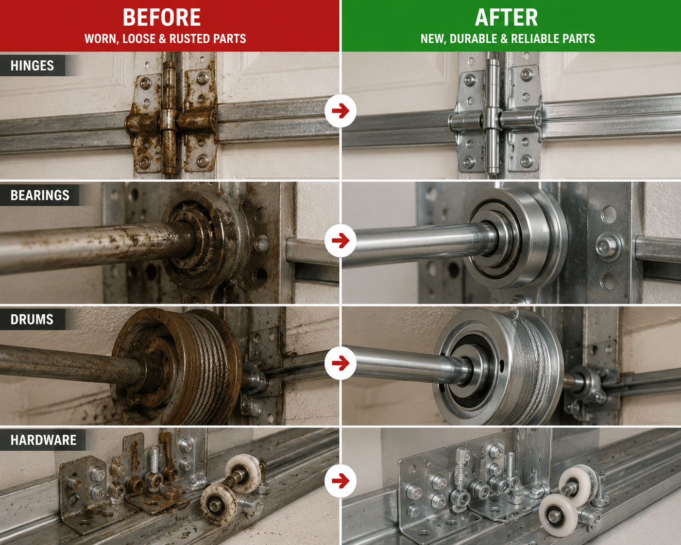 Before and after replacement of garage door hinges, bearings, drums, and hardware