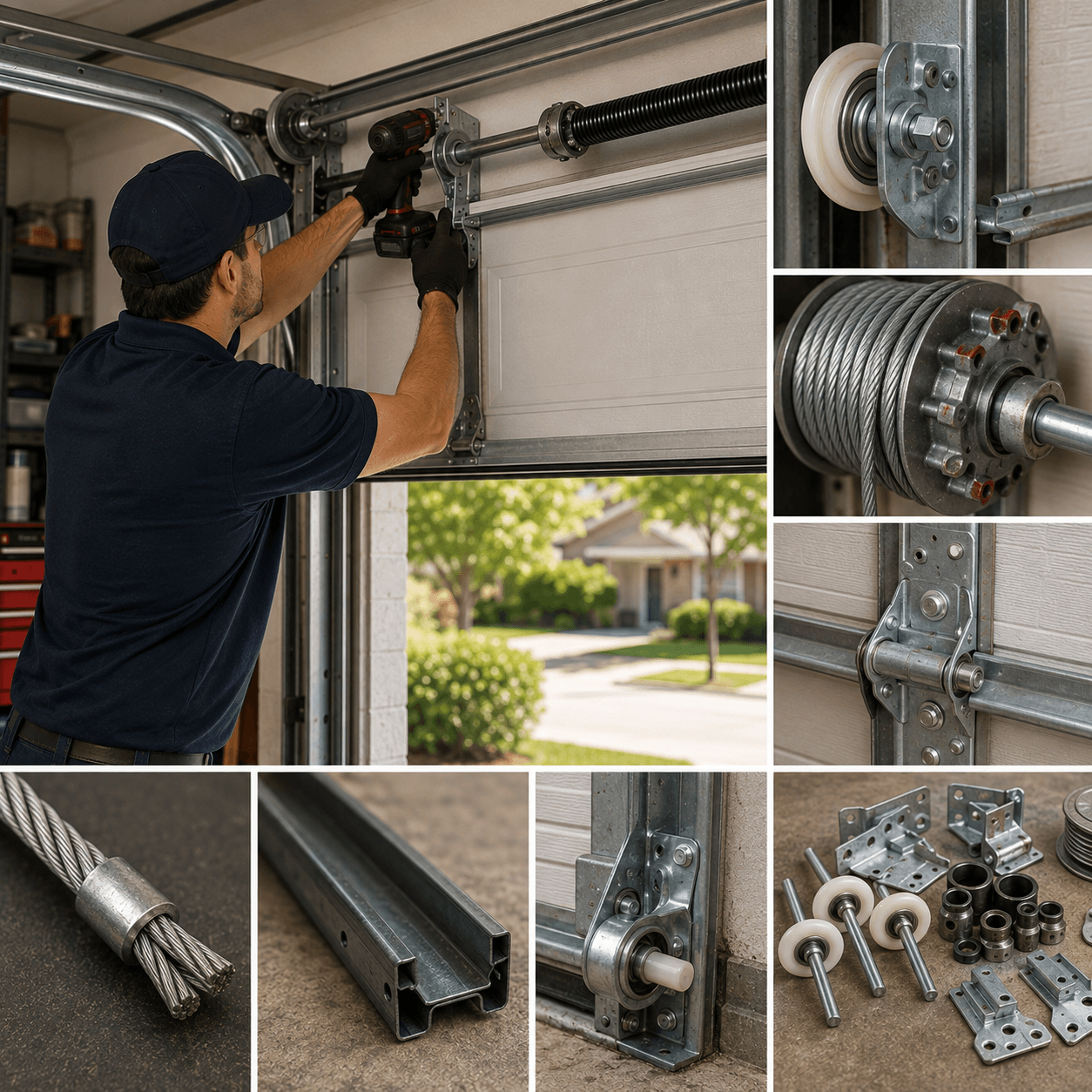 Technician repairing garage door parts including rollers, cables, hinges, tracks, and bearings