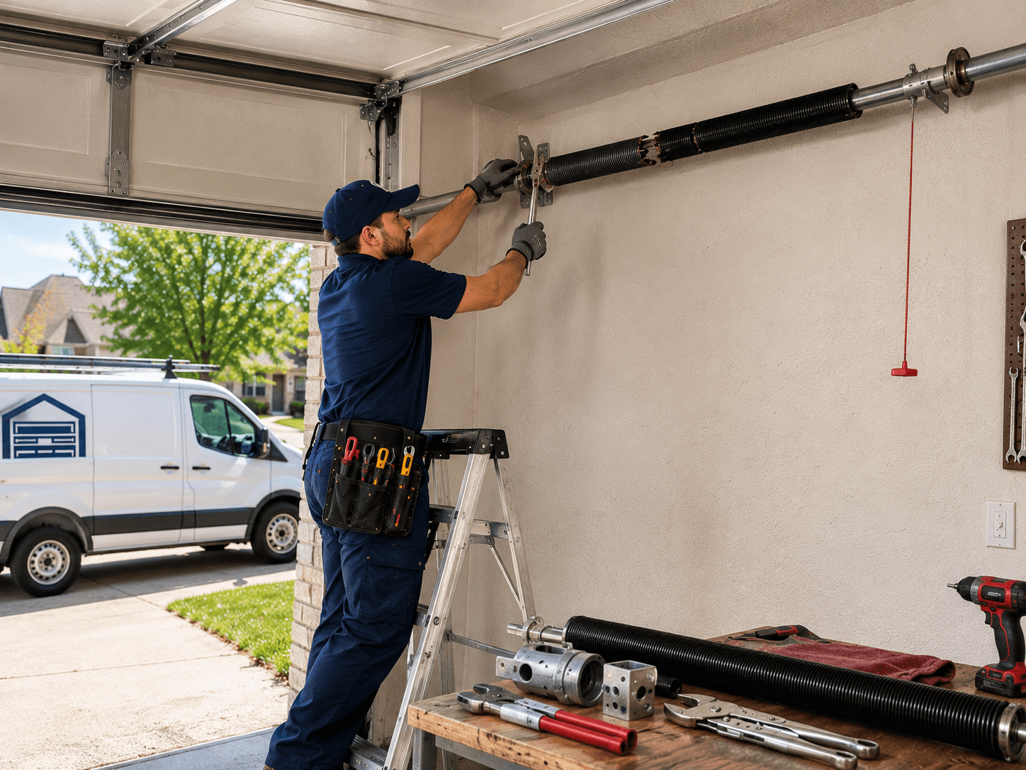 Garage door technician in a navy uniform replacing a broken torsion spring in Manvel, Texas