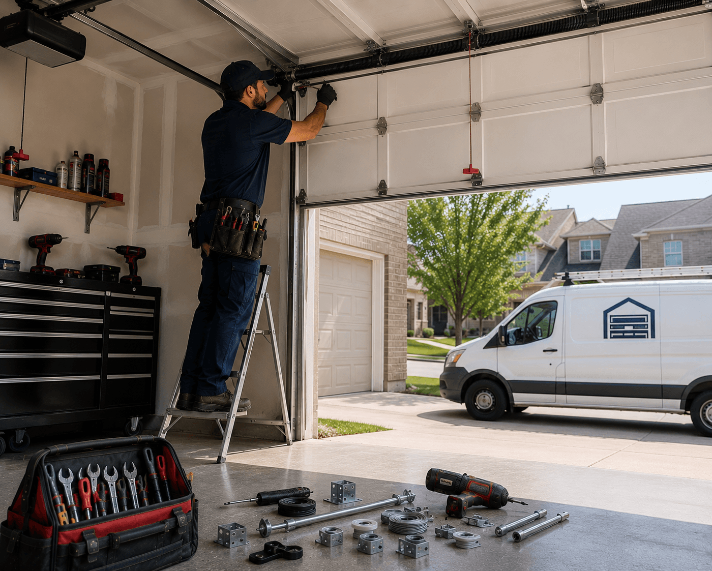 Garage door technician in a navy uniform repairing the track and hardware of a residential garage door