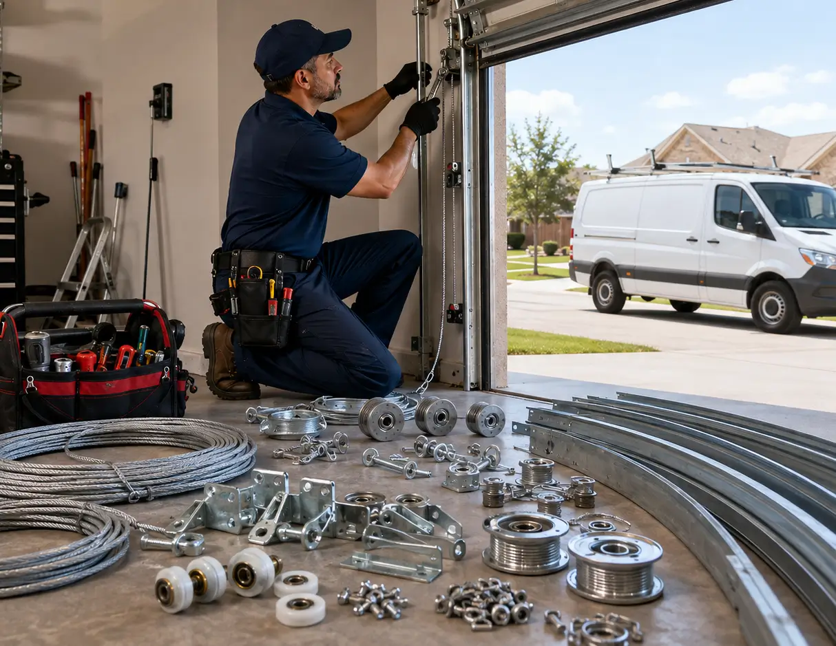 Garage door technician repairing cables and tracks with replacement rollers, pulleys, brackets, and hardware displayed