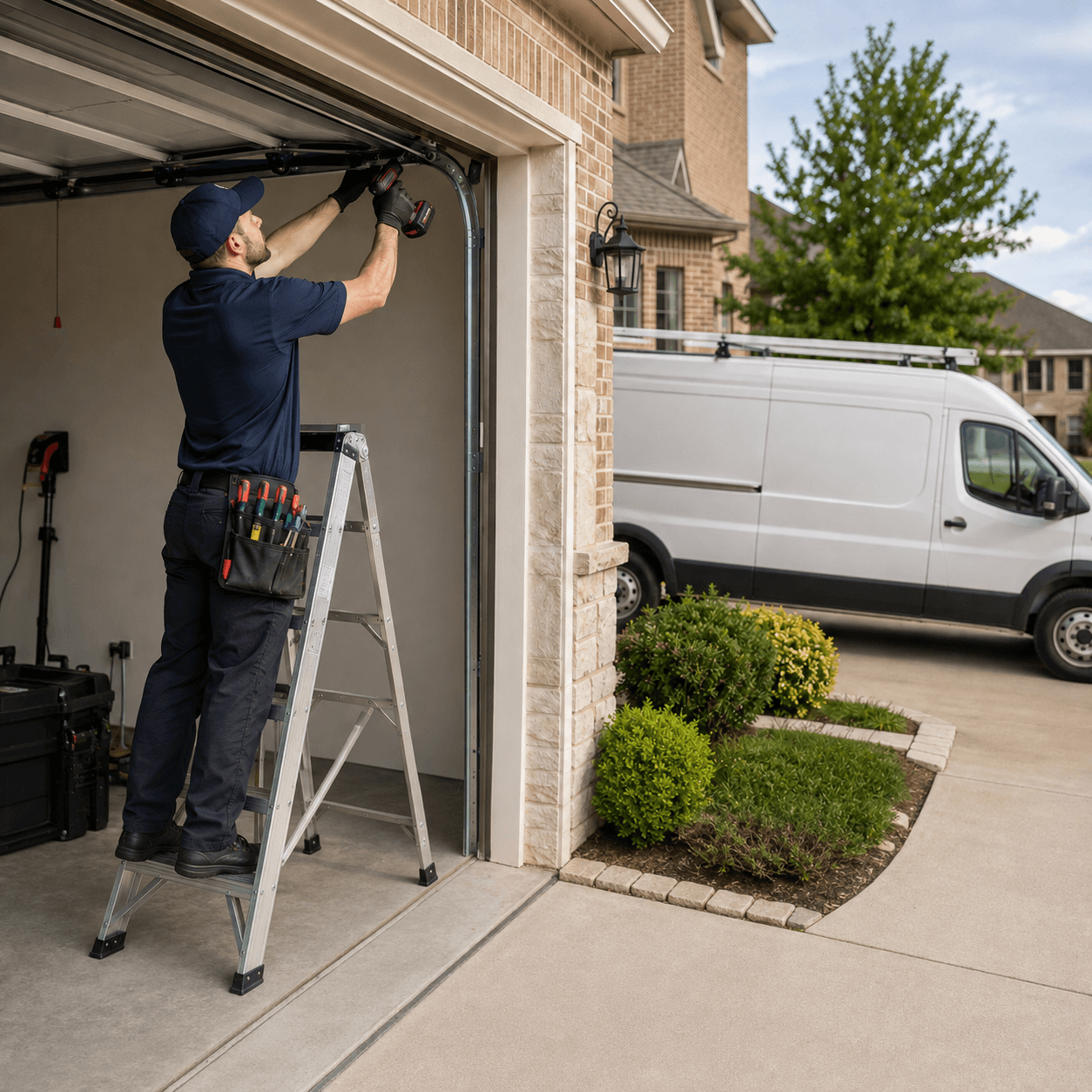 Garage door repair technician in a navy uniform repairing a residential garage door in Manvel, Texas