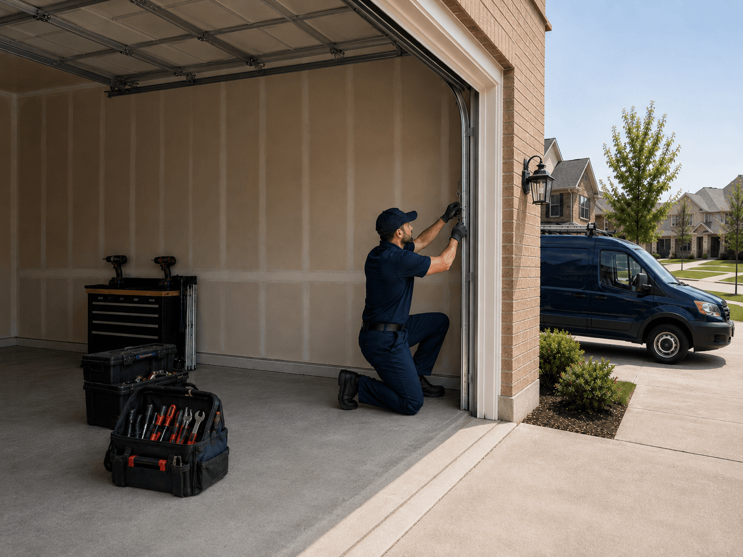 Garage door technician in a navy uniform repairing a high residential garage door in Manvel, Texas