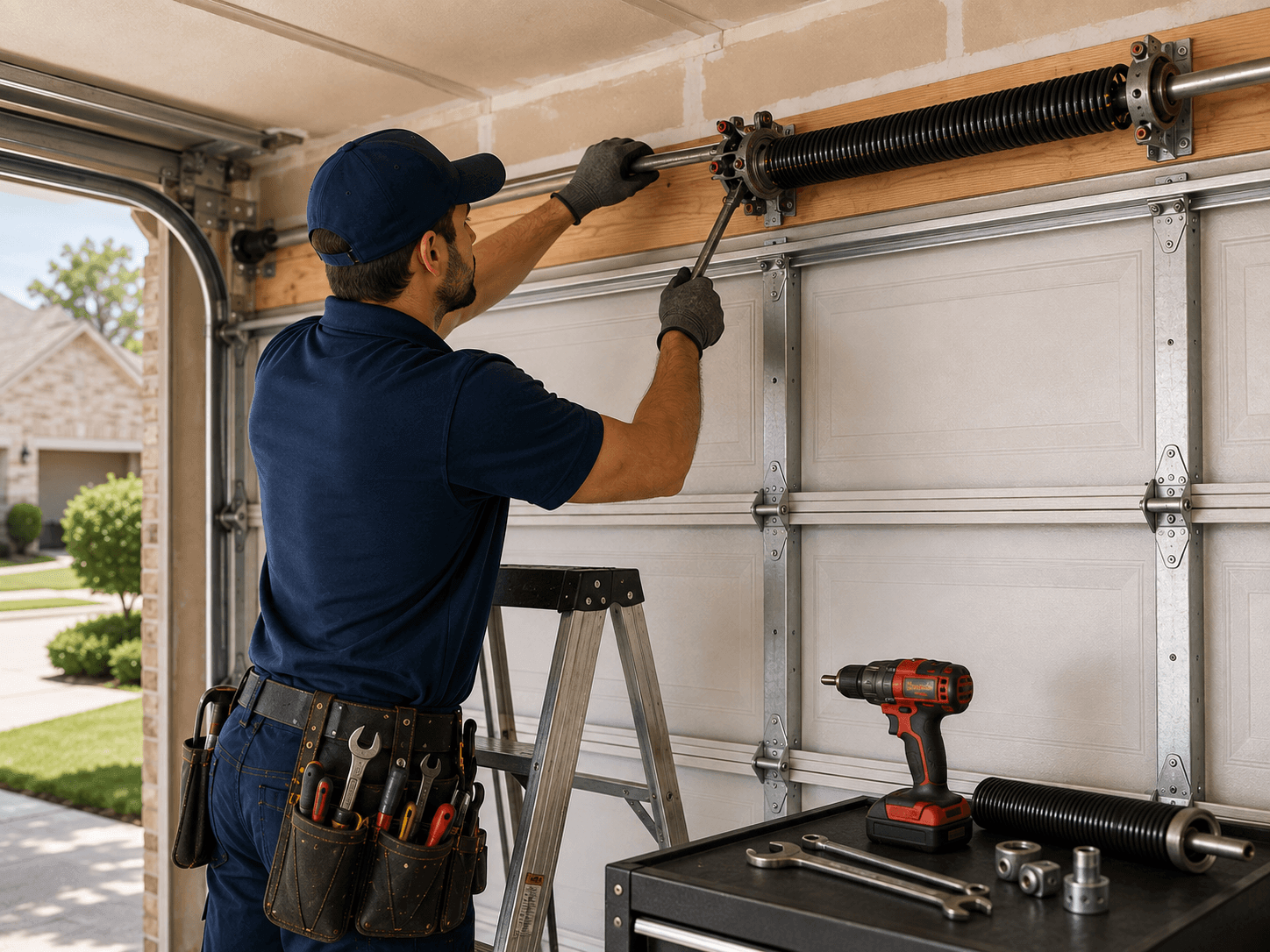 Technician inspecting a residential garage door spring with visual examples of a heavy door, uneven movement, spring gaps, and opener strain