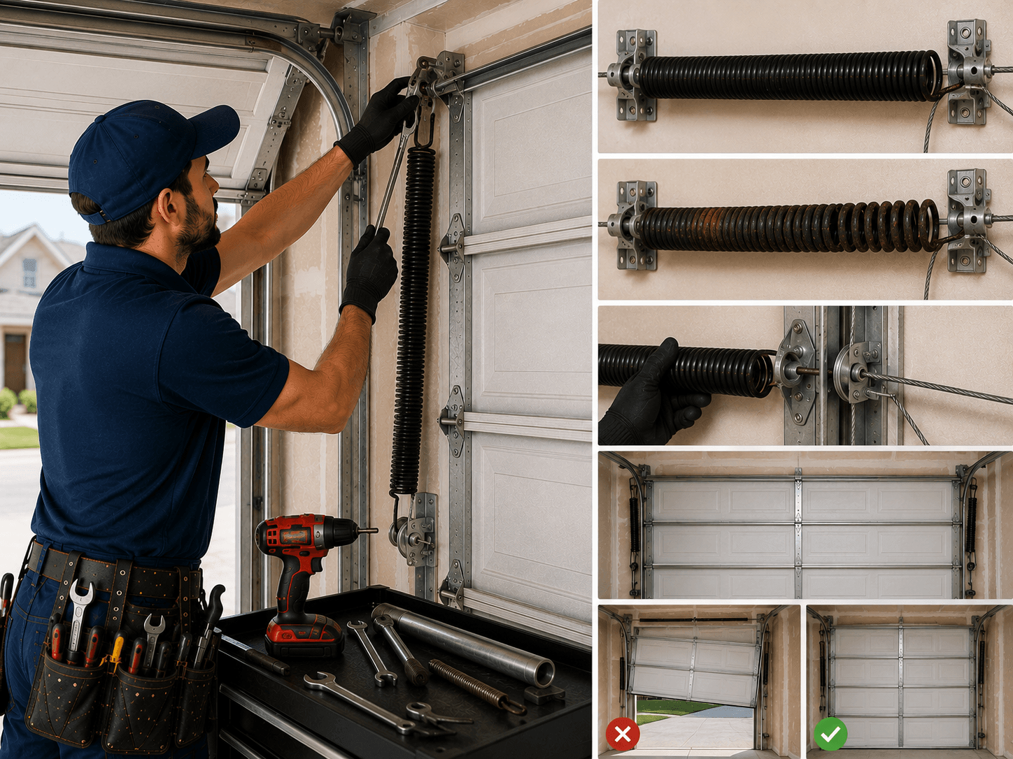 Technician in a navy uniform inspecting and replacing residential garage door extension springs, cables, pulleys, and related hardware in Manvel, Texas