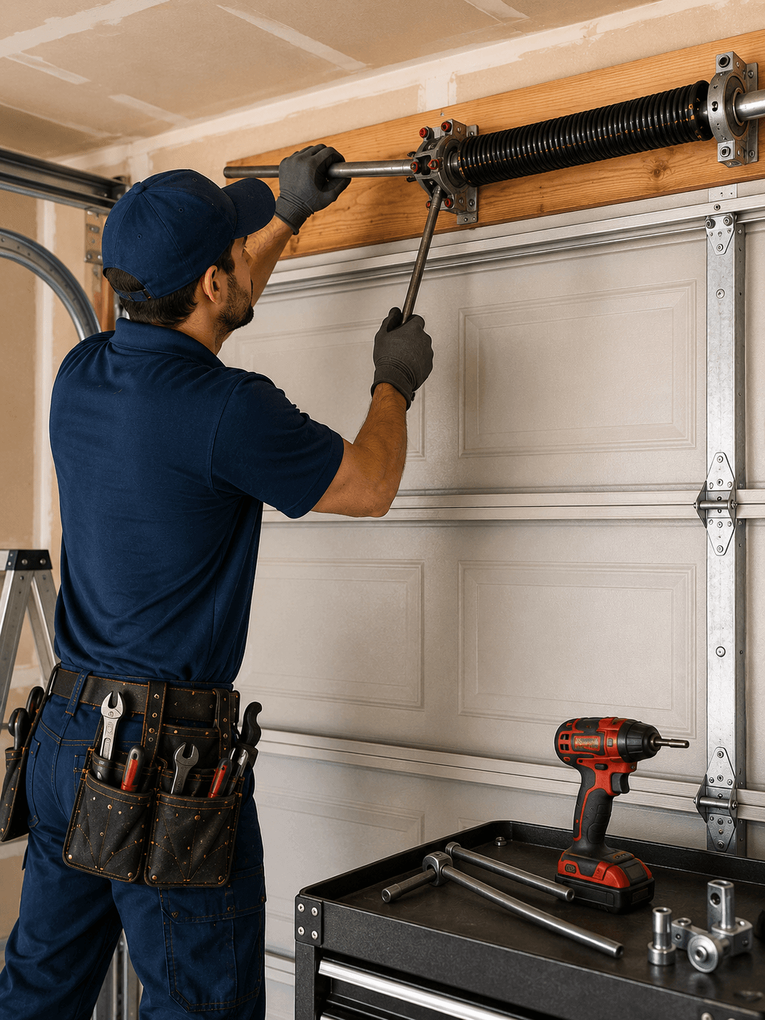 Technician in a navy uniform professionally repairing and adjusting a residential garage door torsion spring in Manvel, Texas