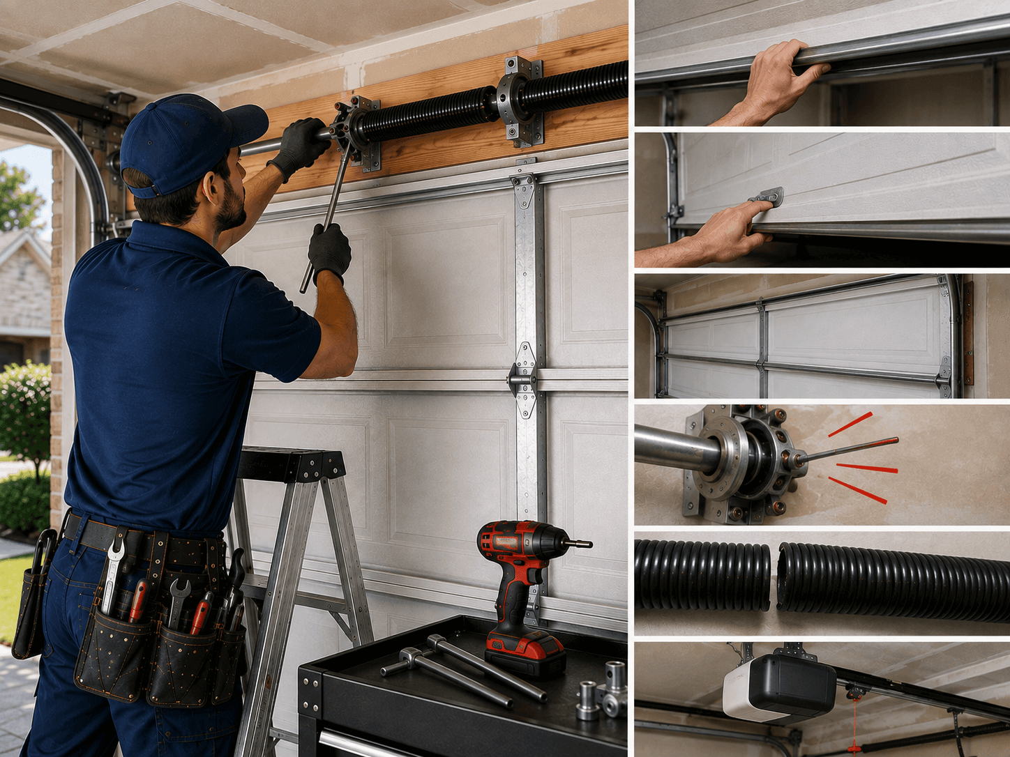 Technician inspecting a residential garage door spring with visual examples of a heavy door, uneven movement, spring gaps, and opener strain