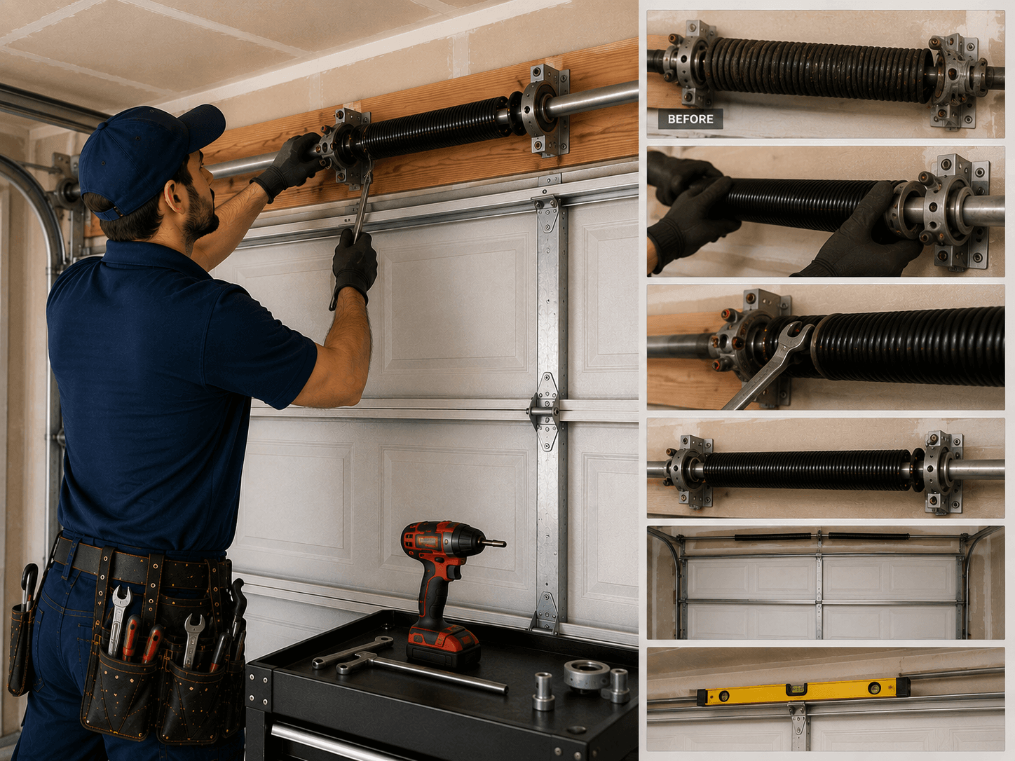 Technician in a navy uniform replacing and adjusting a residential garage door torsion spring in Manvel, Texas