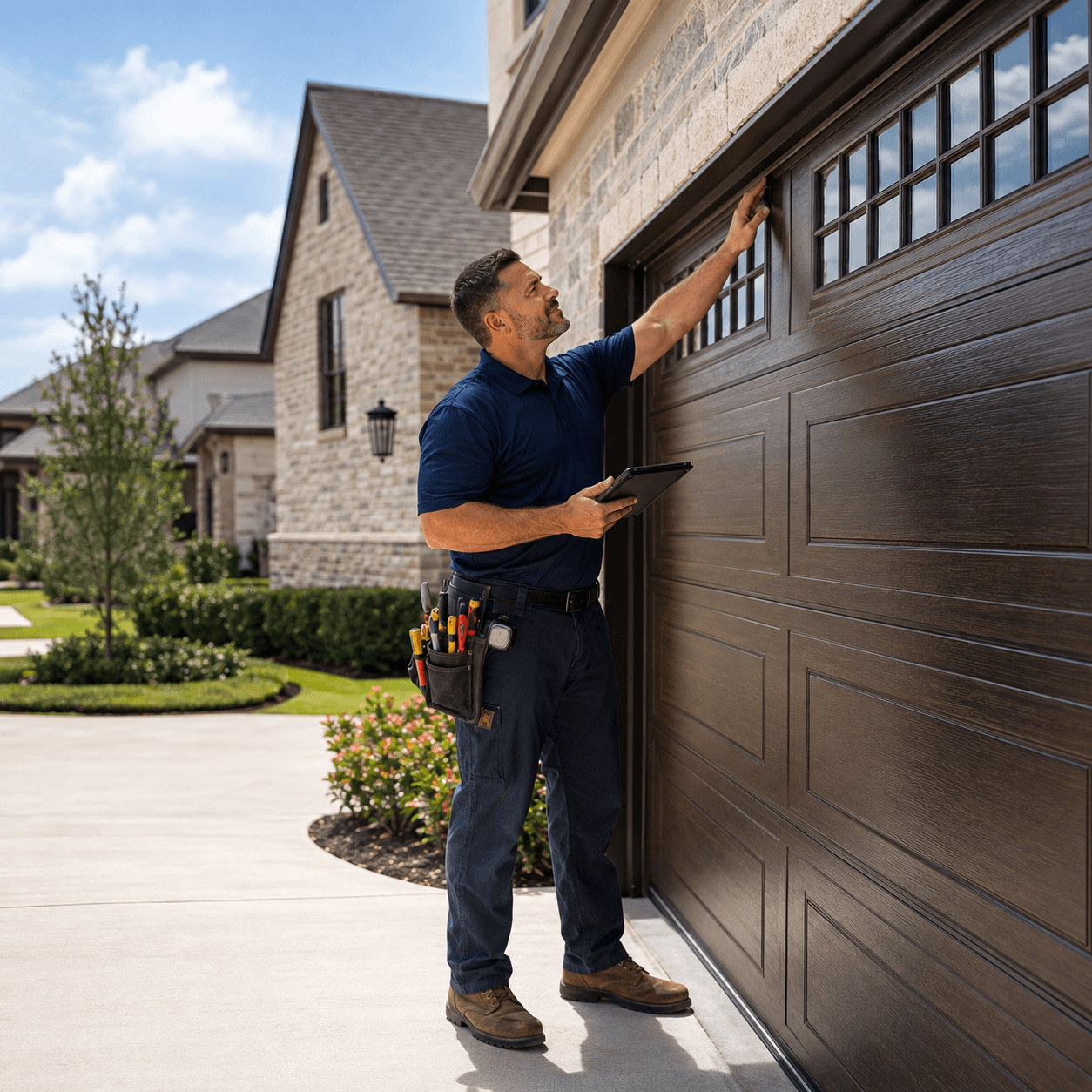 Garage door technician inspecting a residential garage door in Manvel Texas